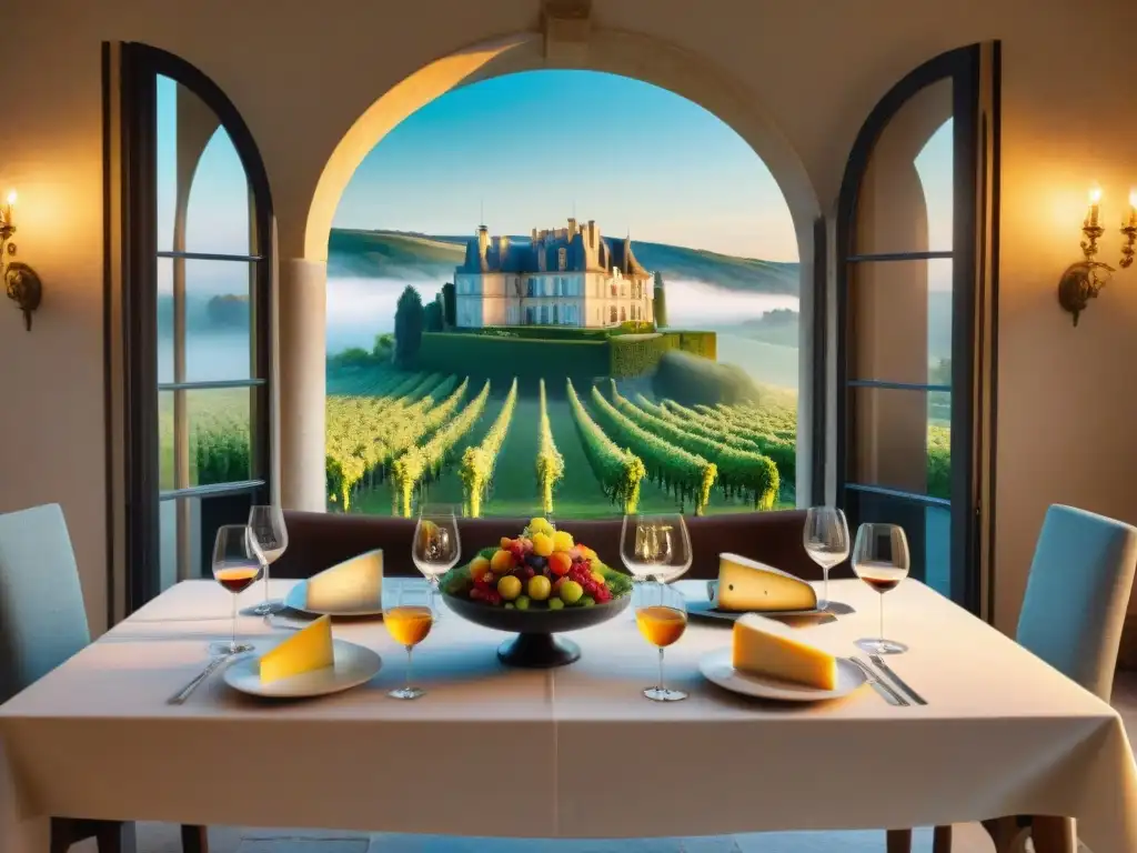 Escena de un château en la campiña francesa con mesa elegante lista para evento gastronómico exclusivo en Francia