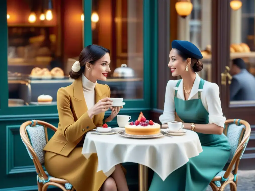 Escena chic en café parisino con moda y gastronomía francesa