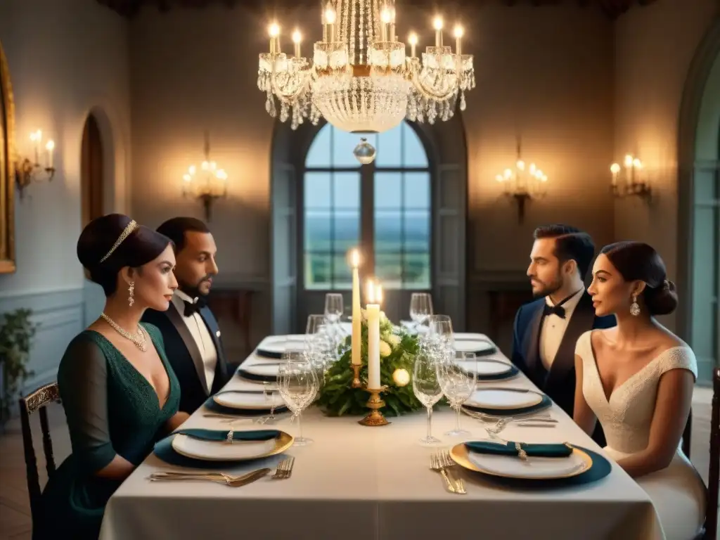 Una escena clandestina en un château francés histórico, con elegantes candelabros y cubertería vintage