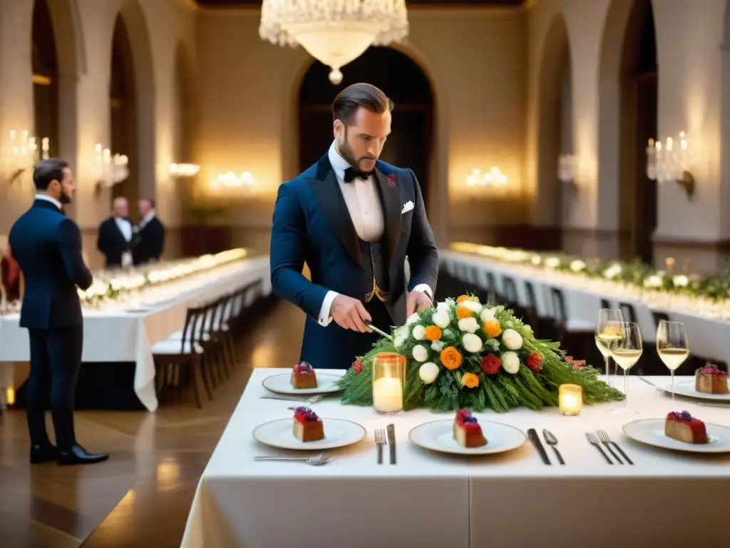 Una escena clandestina en un lujoso château francés: elegantes invitados, chefs secretos y exquisiteces