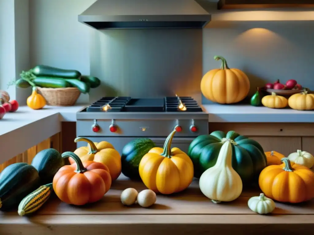 Una escena de cocina francesa con calabazas y calabacines, resaltando su diversidad para recetas gourmet