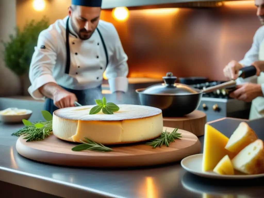 Escena de cocina francesa con chef cortando queso brie y sommelier sirviendo vino Bordeaux