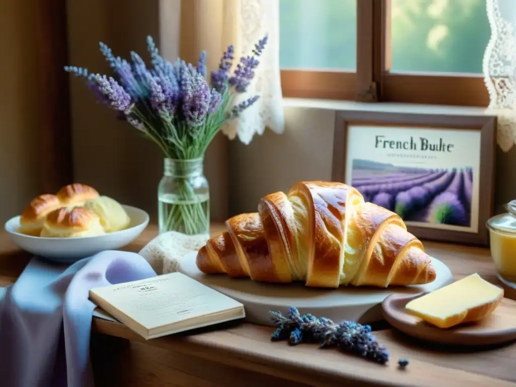 Una escena de cocina francesa con croissants, mantequilla fermentada, lavanda y recetas antiguas, evocando tradición culinaria francesa