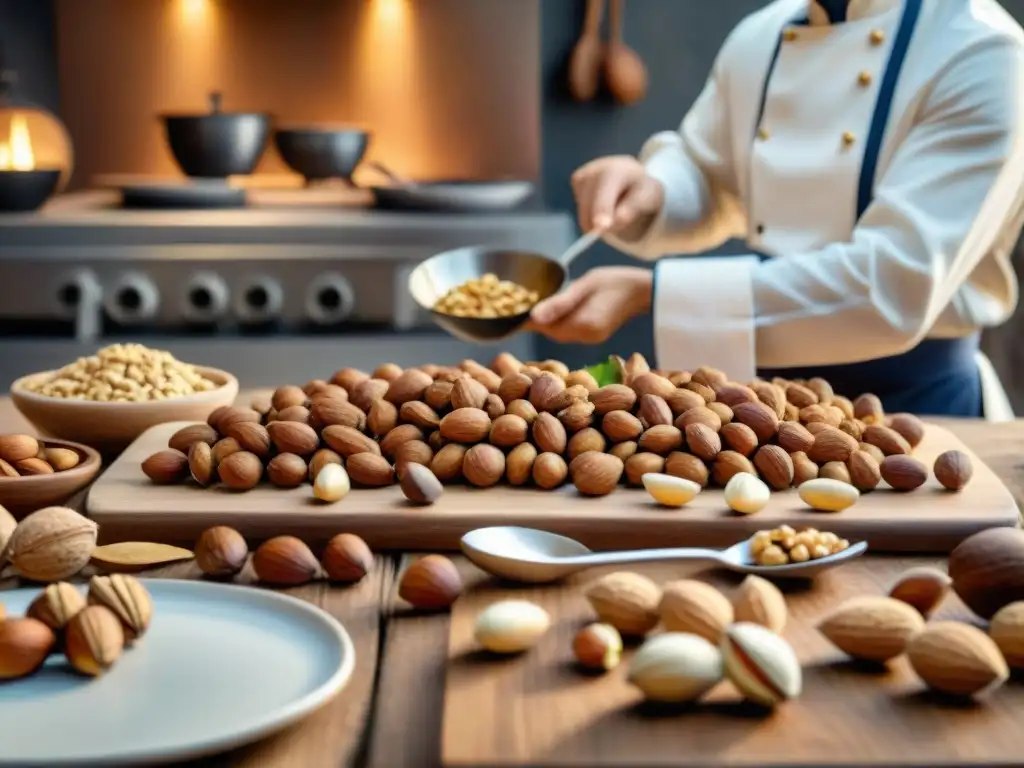 Una escena de cocina francesa con frutos secos de calidad en una mesa rústica