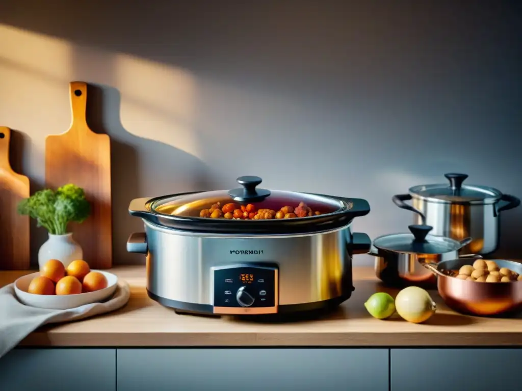 Escena de cocina francesa con gadgets cocina lenta innovadores en una mesa rústica de madera, utensilios clásicos y luz natural