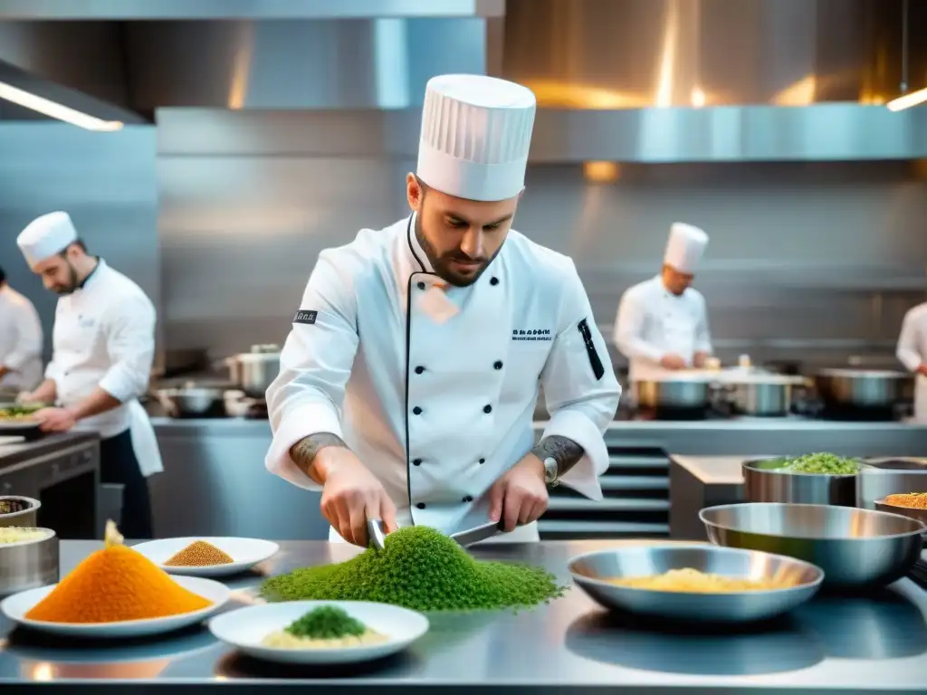 Escena de cocina francesa con innovación gastronómica, chefs creando platos tradicionales con un toque moderno