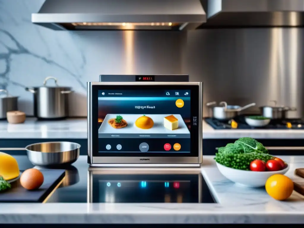 Escena de cocina francesa moderna con tecnología de vanguardia y receta sofisticada en tablet