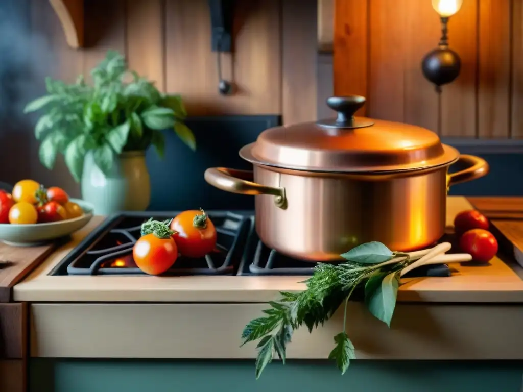 Escena de cocina francesa con olla de cobre, bouquet garni, tomates y hierbas frescas