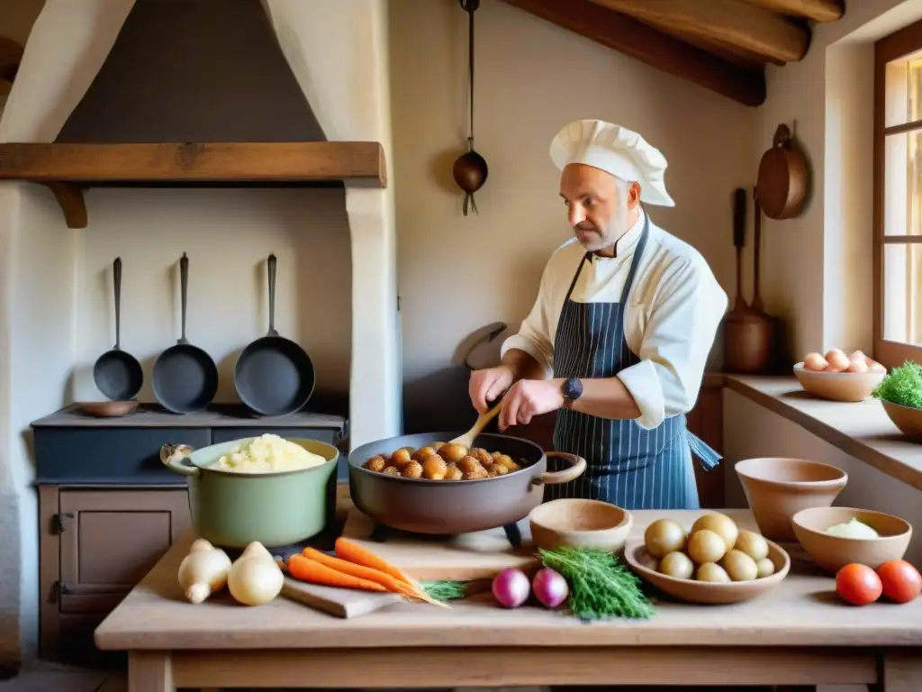 Una escena de cocina francesa rústica con ingredientes tradicionales alsacianos y un chef preparando Baeckeoffe