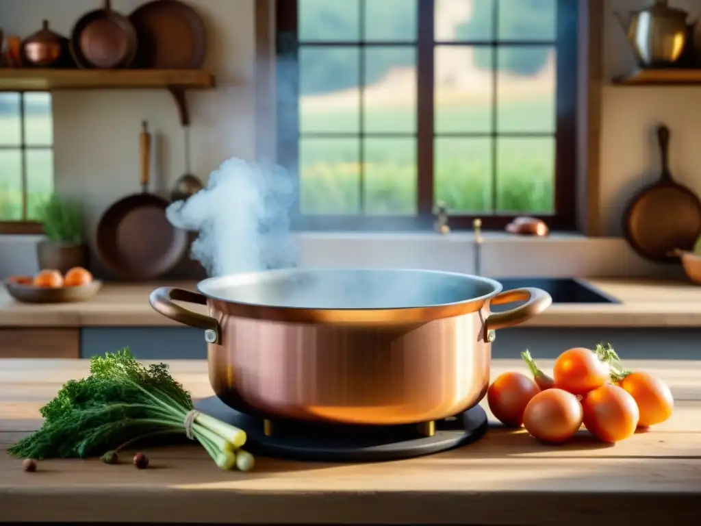 Una escena de cocina francesa rústica con un delicioso Bœuf Bourguignon tradicional, ingredientes frescos y luz natural