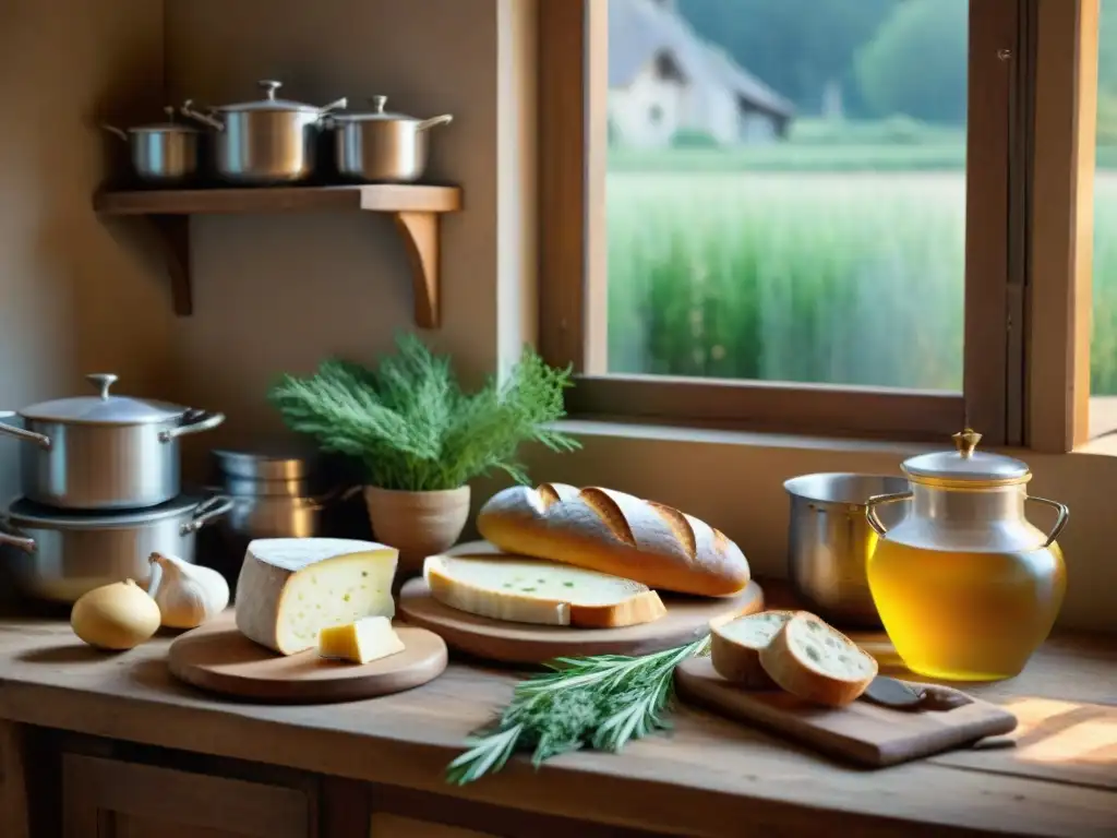 Escena culinaria francesa: tradición y exquisitez en una cocina rústica Escena de cocina francesa rústica con recetas ancestrales gastronomía francesa tradición