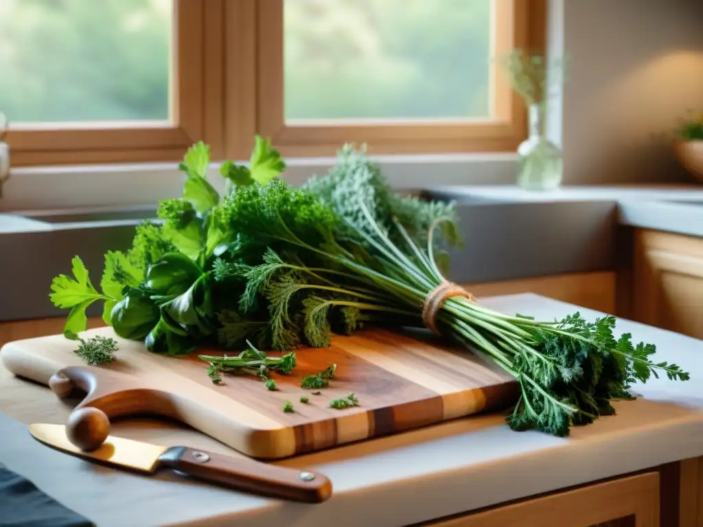 Escena de cocina francesa rústica con hierbas frescas para usos culinarios