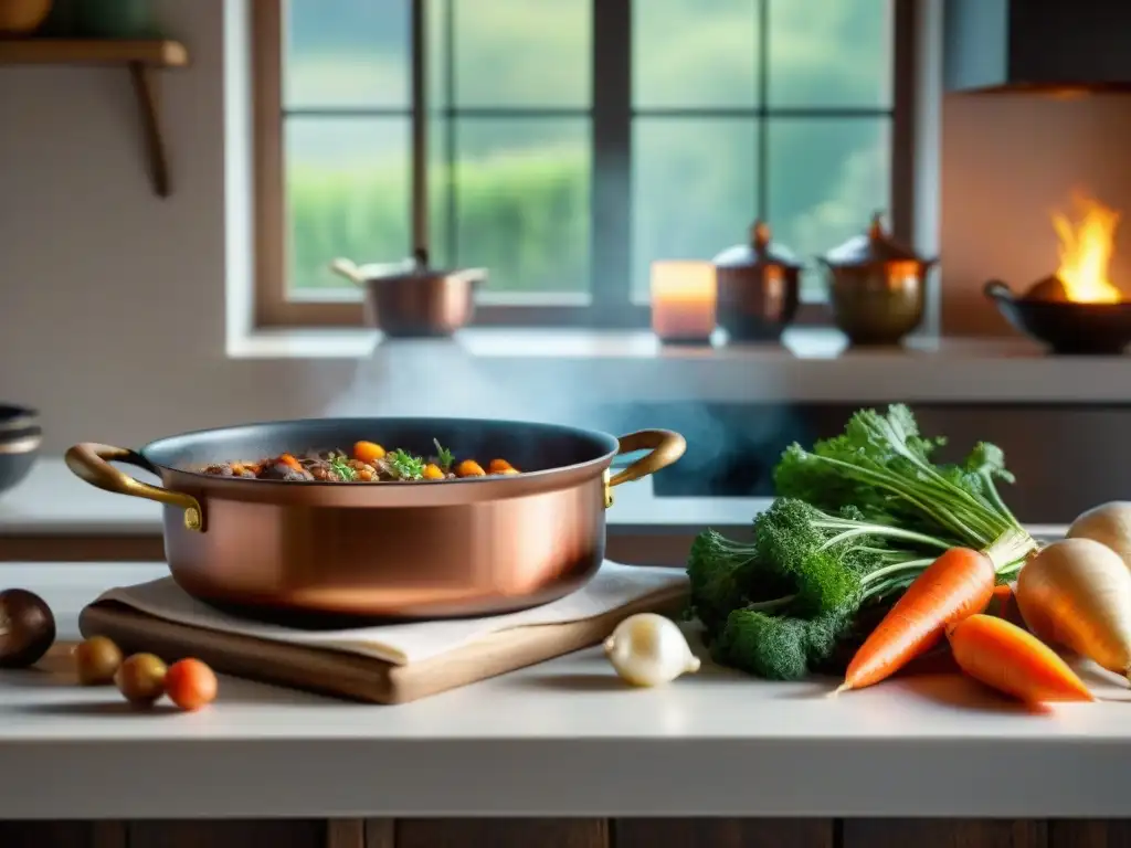 Escena de cocina francesa rústica con Receta tradicional Boeuf Bourguignon francés