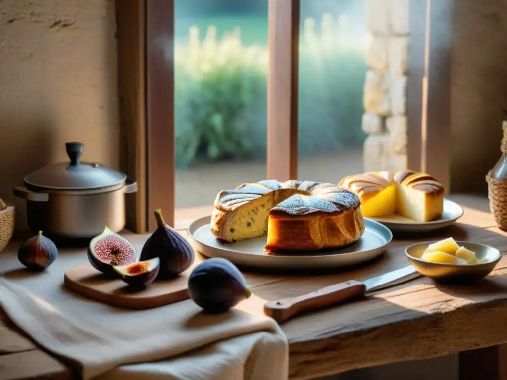 Una escena de cocina francesa rústica en la Dordoña con delicias tradicionales