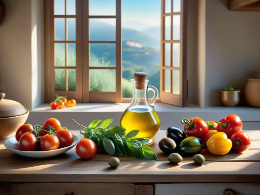 Una escena de cocina francesa rústica con ingredientes mediterráneos, transmitiendo autenticidad y conexión a las recetas francesas Dieta Mediterránea