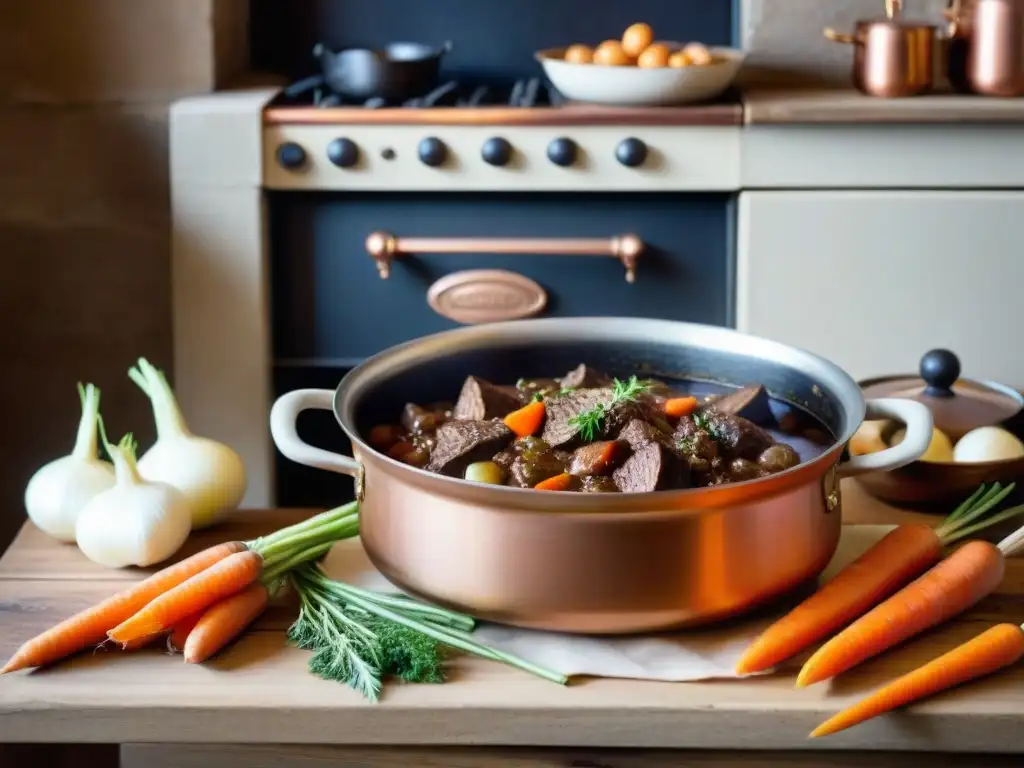 Escena de cocina francesa rústica con estofado de carne bourguignon y ingredientes frescos