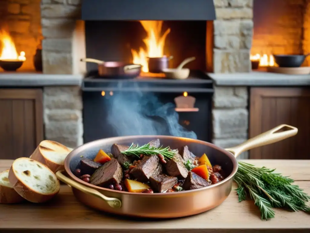 Una escena de cocina francesa rústica con un guiso de borgoña de carne aromático y burbujeante en una olla de cobre tradicional sobre el fuego