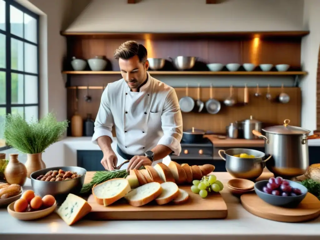 Una escena de cocina francesa tradicional con una mesa rústica, ingredientes clásicos y un chef preparando Coq au Vin