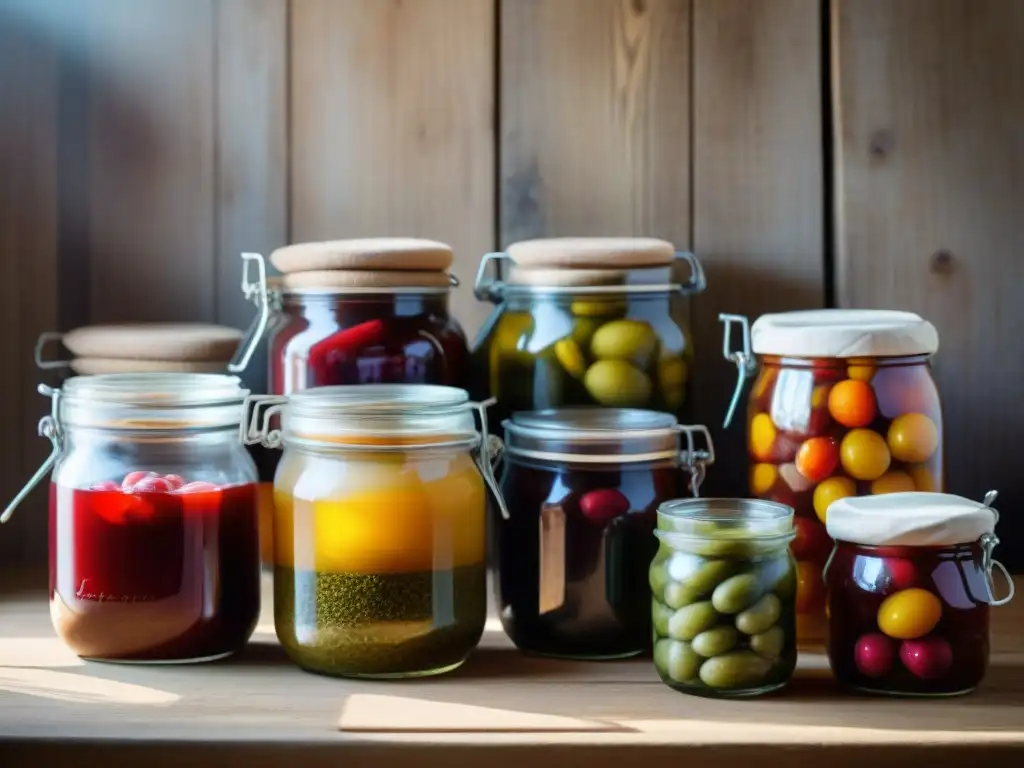 Escena de cocina francesa tradicional con conservas fermentadas, creando un ambiente cálido y auténtico