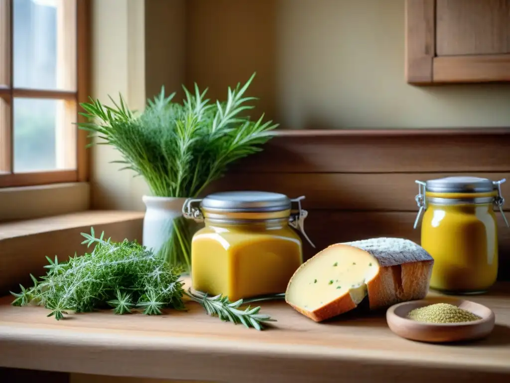 Una escena de cocina francesa tradicional con mostaza, quesos y hierbas frescas