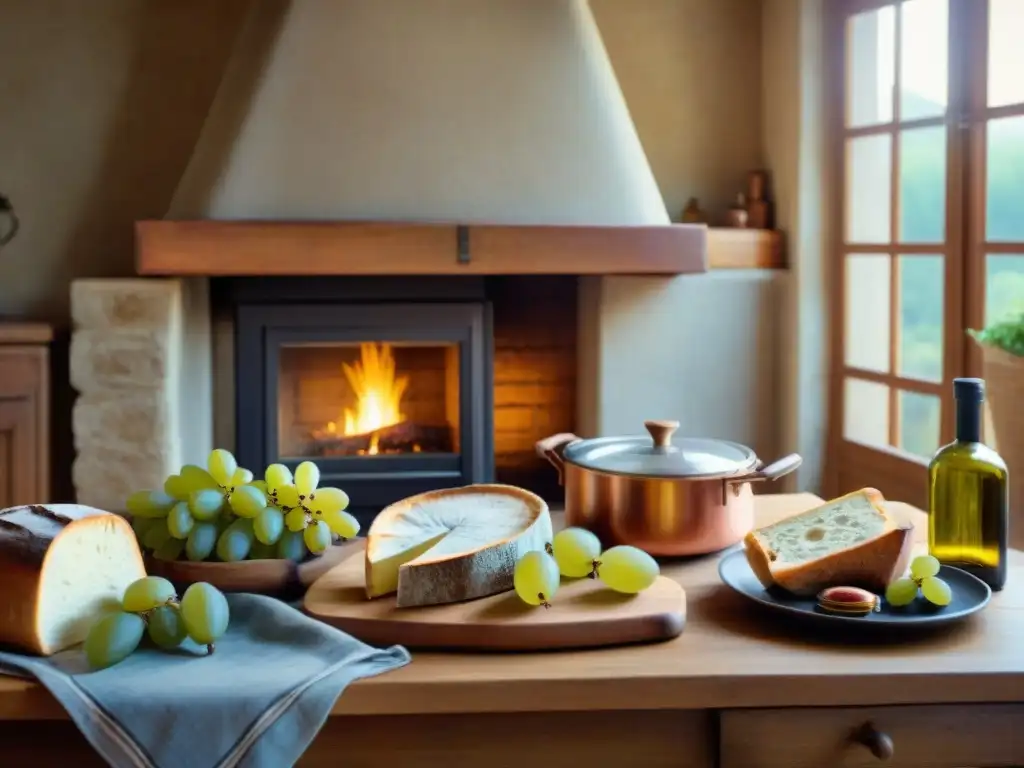 Una escena de cocina francesa tradicional con Queso de cabra Pélardon auténtico, baguettes frescas y vino tinto, iluminada por luz natural