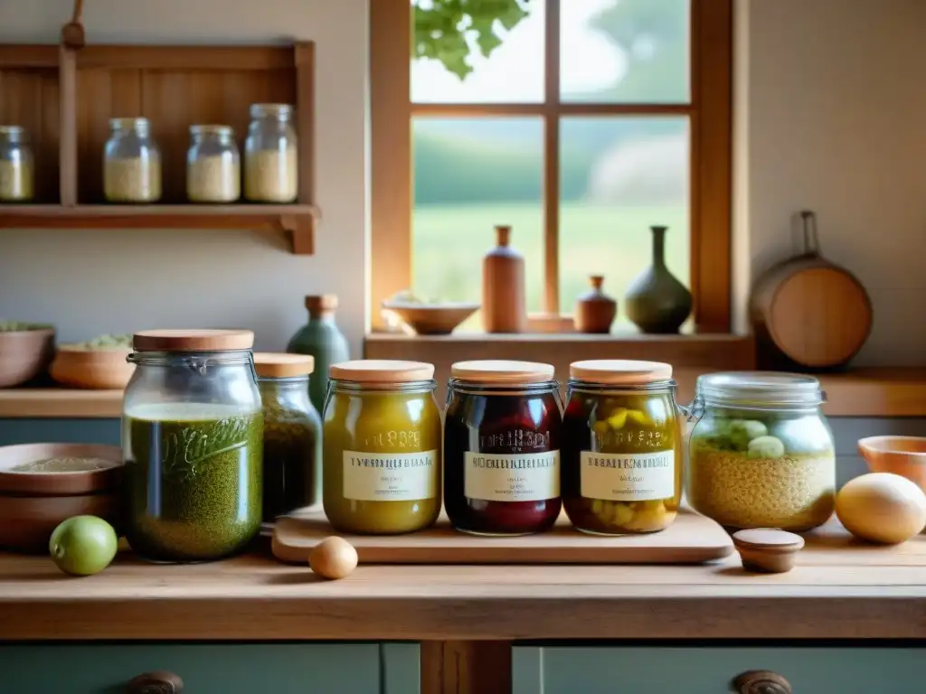 Una escena de cocina francesa tradicional con fermentos en tarros, iluminada por luz natural