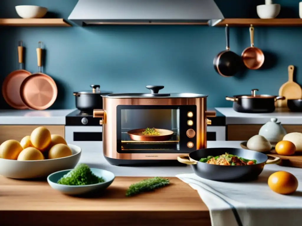 Una escena de cocina francesa tradicional con gadgets cocina lenta innovadores en una mesa de madera rústica