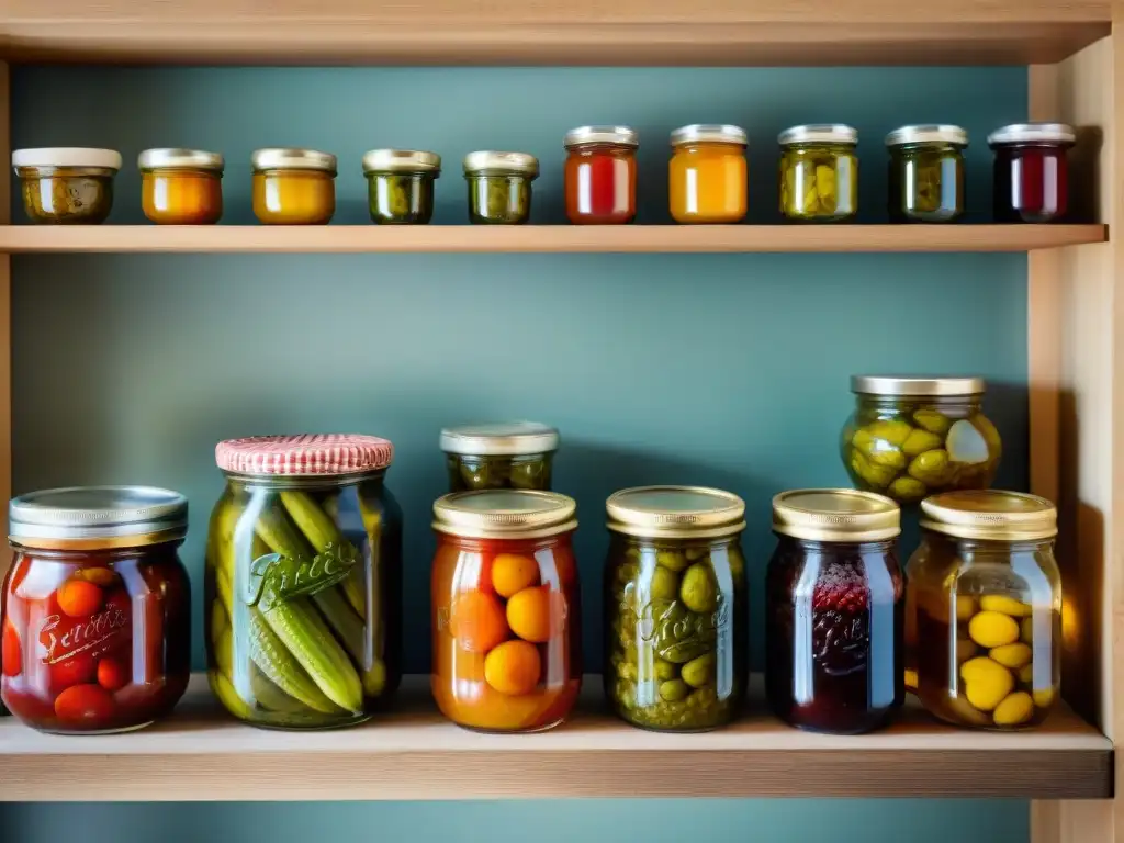 Una escena de cocina francesa tradicional con conservas fermentadas en frascos de vidrio en una estantería de madera rústica