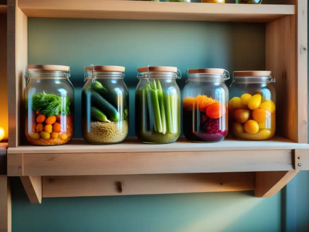 Escena de cocina francesa tradicional con tarros de fermentación y vegetales coloridos