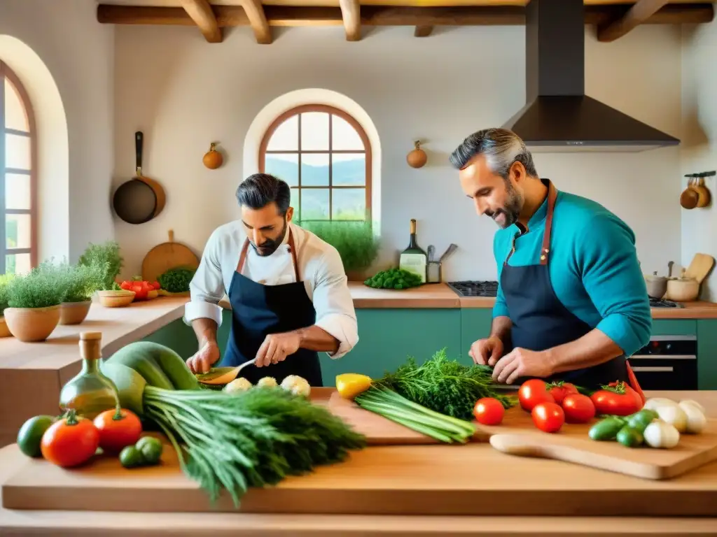 Una escena de cocina fusionada entre Italia y Provenza, resaltando la influencia italiana en cocina Provenza