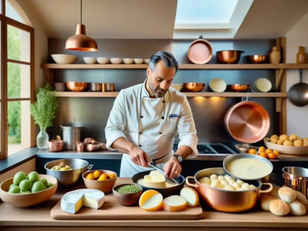 Escena de cocina normanda con ingredientes tradicionales franceses y chef preparando plato, creando una atmósfera culinaria auténtica