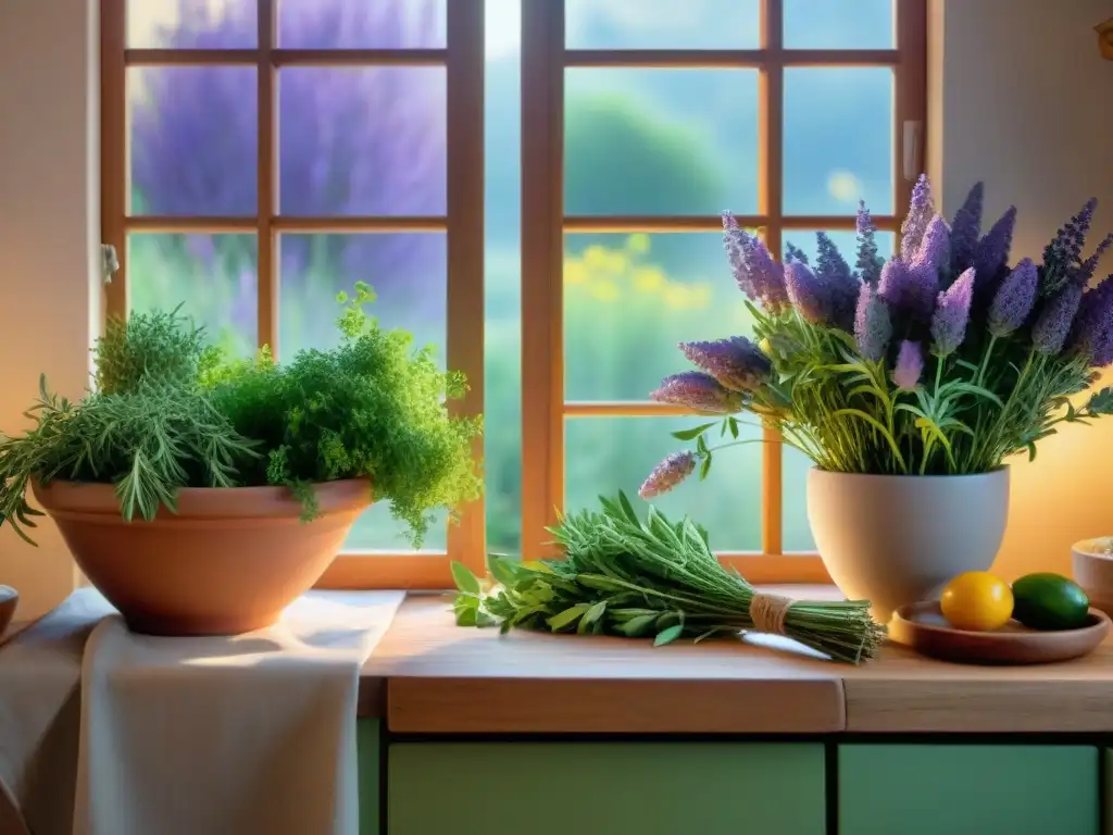 Una escena de cocina provenzal con Hierbas de Provenza frescas y un chef preparando ratatouille