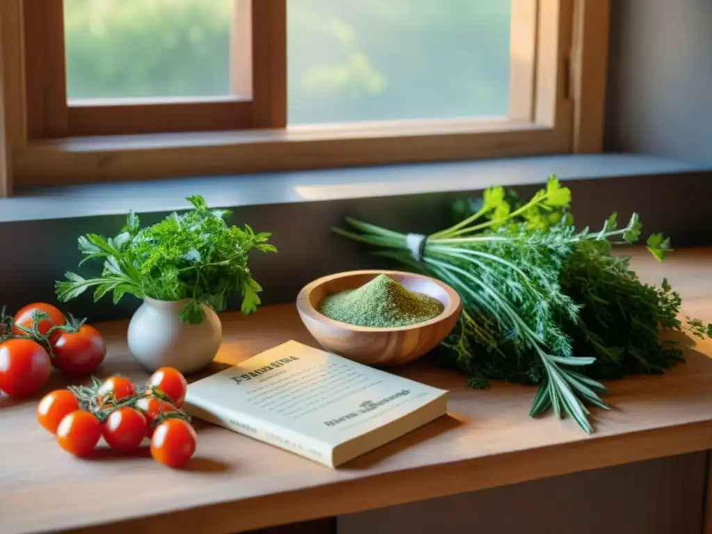 Escena de cocina rústica con hierbas frescas, ajo machacado, tomates y libro de recetas francés