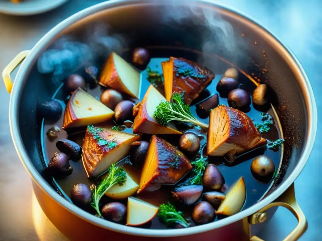 Una escena de la cocina tradicional francesa influencia cultural: un Coq au Vin dorado en una olla de cobre sobre una estufa rústica