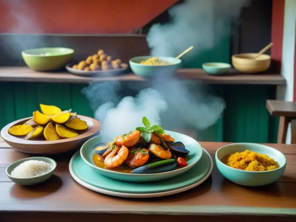 Una escena de cocina tradicional Guadalupe moderna: mesón rústico con platos típicos y chef local preparando platillo