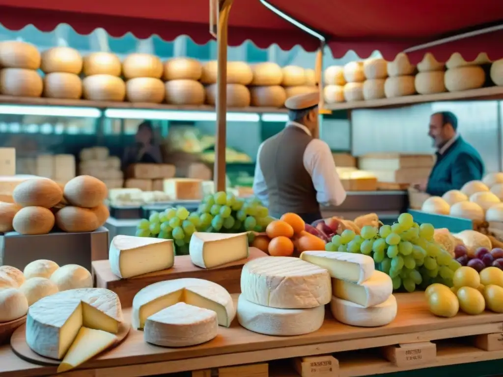 Escena colorida de un mercado francés en Île-de-France con vendedores de auténtico queso Brie: joya culinaria de Francia