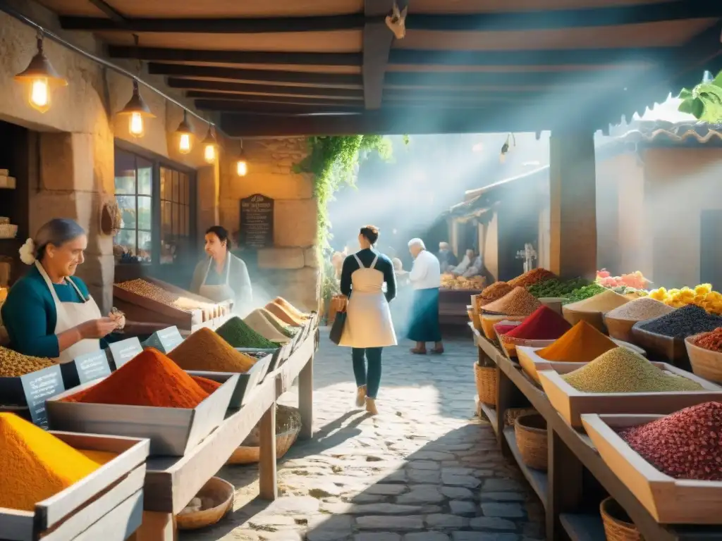 Escena colorida en mercado francés: vendedores, especias en cuencos, mujer preparando innovador curry francés receta