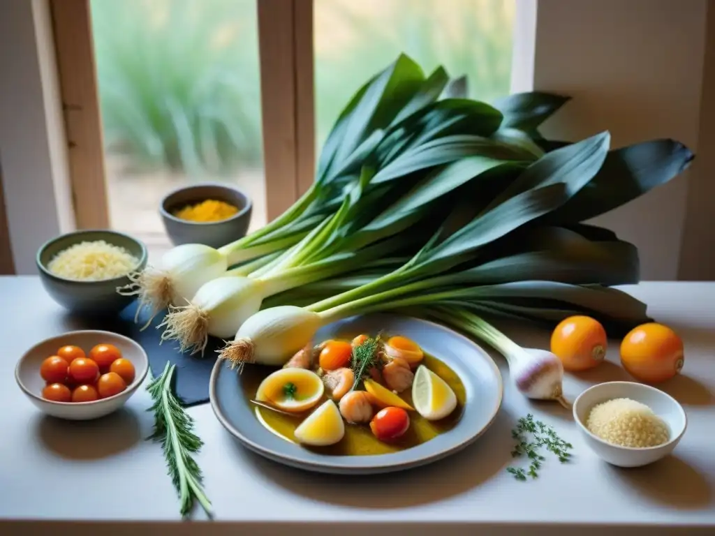 Una escena culinaria auténtica de Bouillabaisse provenzal con ingredientes frescos y vibrantes en una mesa rústica