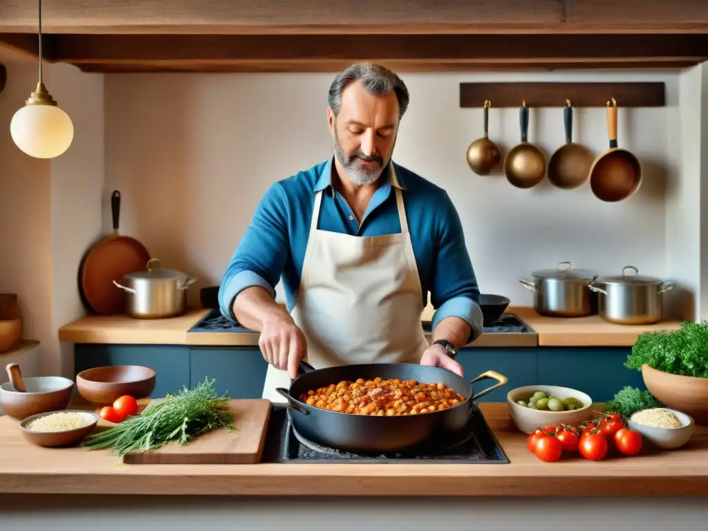 Escena culinaria detallada en cocina rústica del Suroeste francés con cassoulet tradicional