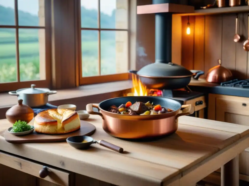 Escena culinaria francesa: mesa de madera con platos tradicionales como coq au vin, boeuf bourguignon y ratatouille