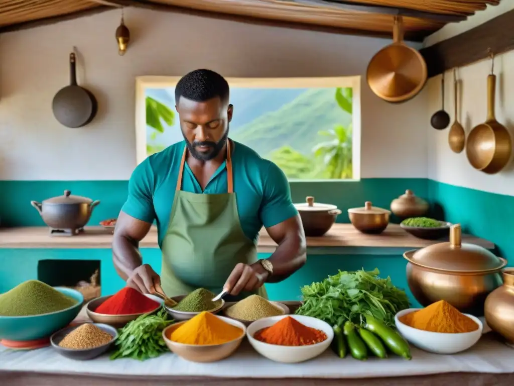 Escena culinaria tradicional en Reunión o Mayotte, con ingredientes frescos y utensilios de cocina, mostrando la herencia cultural de la región