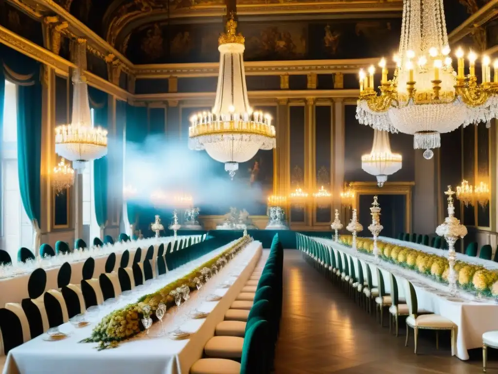 Una escena detallada de un banquete real en la corte francesa de Versalles en el siglo XVIII, con lujosos detalles y nobles brindando con champagne