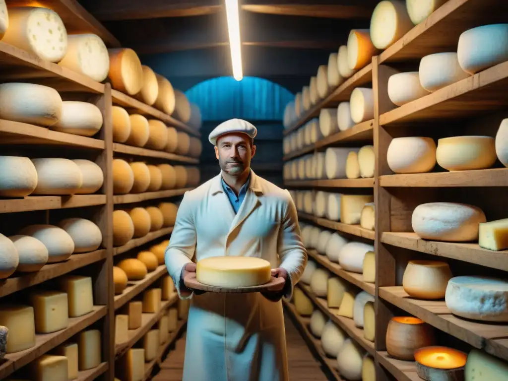 Escena detallada de una bodega de queso francesa histórica, con variedad de quesos en estantes altos