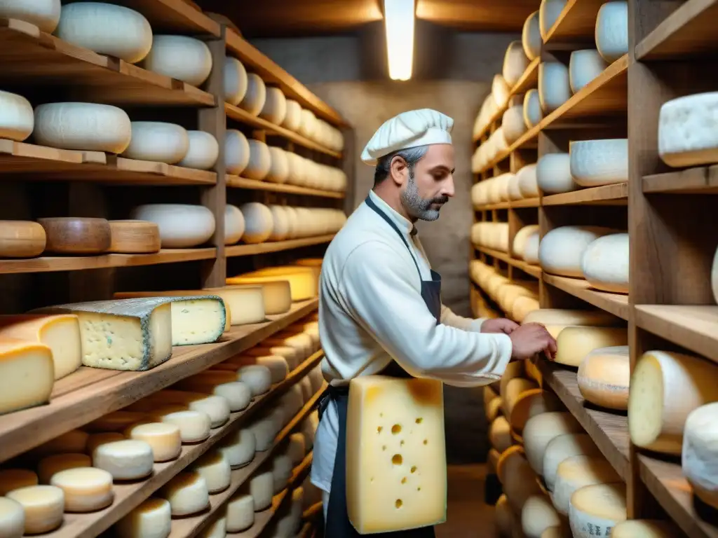 Escena detallada de una bodega de quesos franceses tradicionales con maestro quesero inspeccionando una rueda de queso