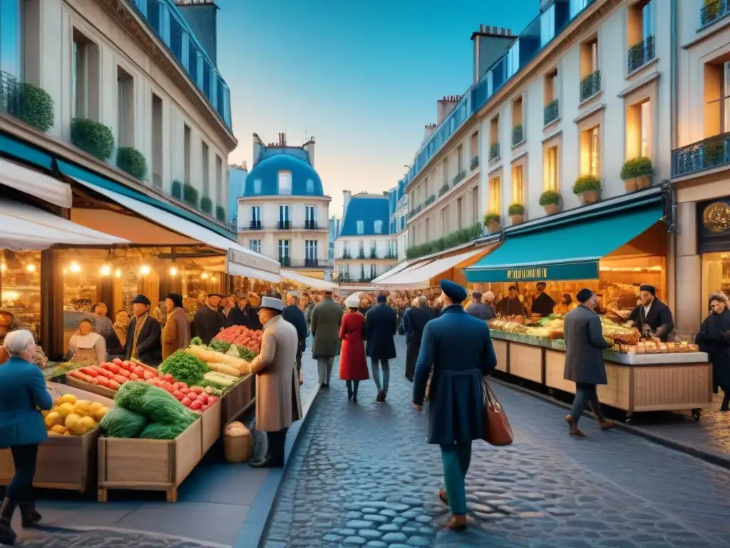 Escena detallada de una bulliciosa calle parisina durante la Revolución Francesa, con un vibrante mercado, cafés al aire libre y revolucionarios en discusión