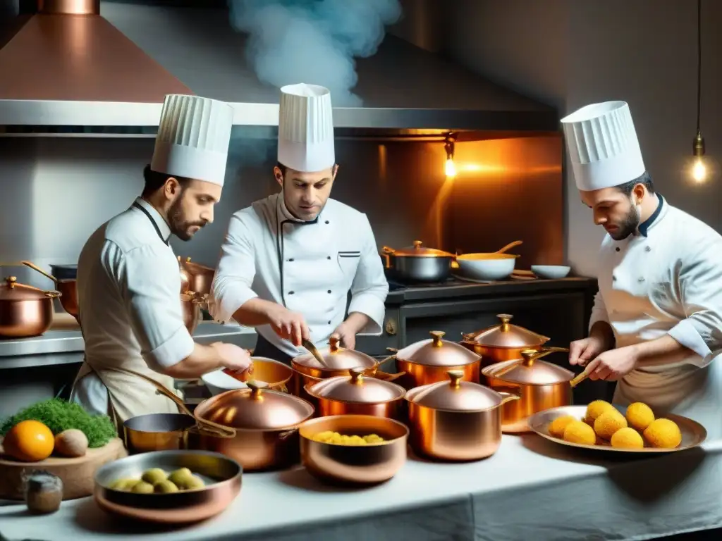 Una escena detallada de una bulliciosa cocina francesa del siglo XIX con chefs preparando platos elaborados