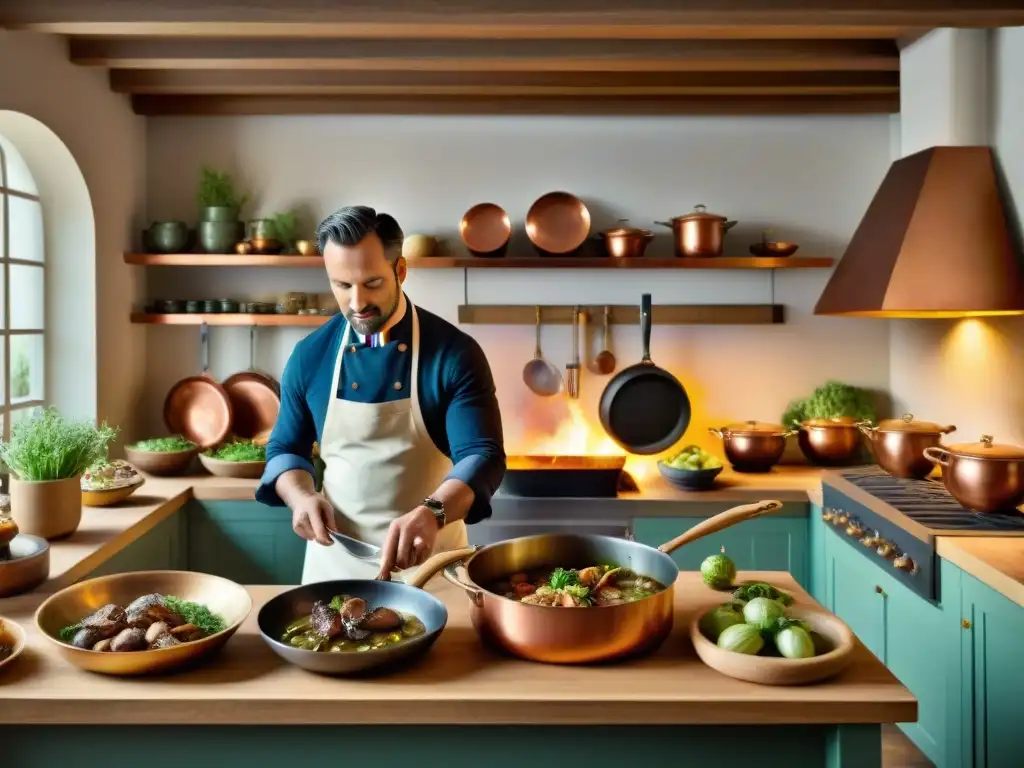 Escena detallada de una bulliciosa cocina francesa del siglo XVIII, con chefs preparando platos elaborados