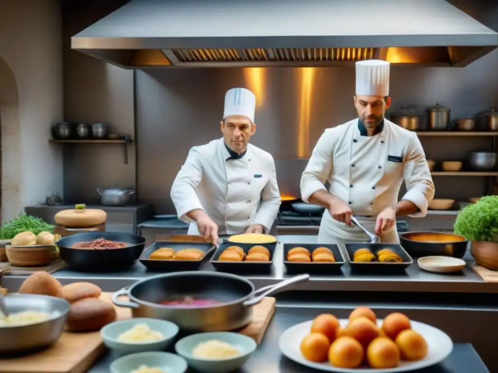 Escena detallada de una bulliciosa cocina francesa en un set de películas, chefs preparando platillos icónicos