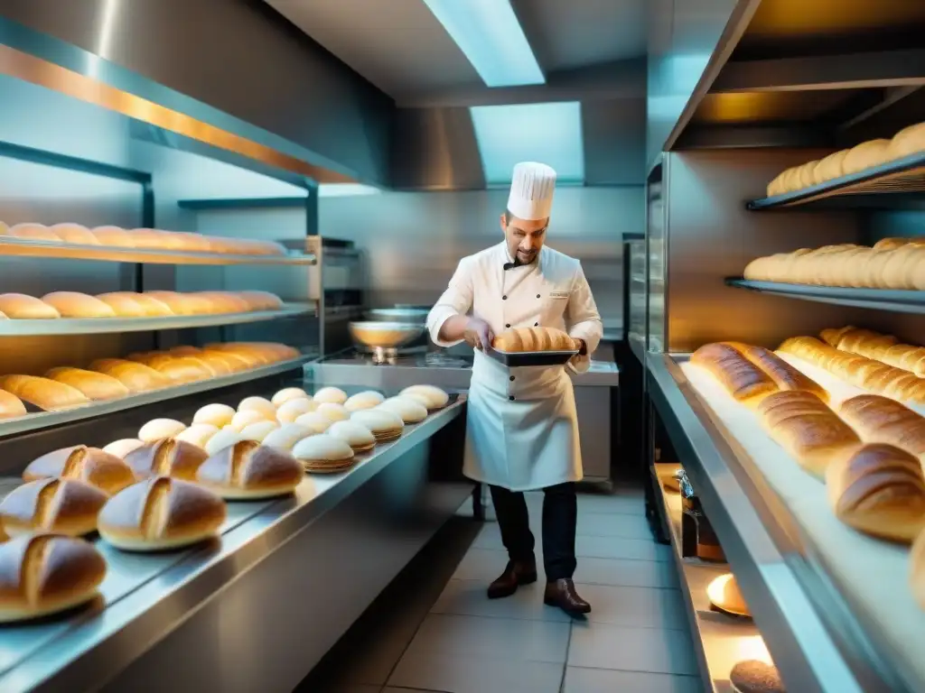 Escena detallada de una bulliciosa panadería francesa con un panadero experto moldeando una baguette perfecta