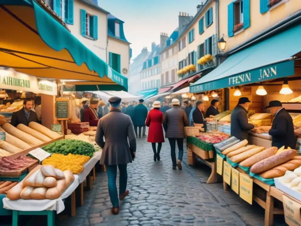 Escena detallada de un bullicioso mercado francés al aire libre con gastronomía variada y ambiente cultural encantador